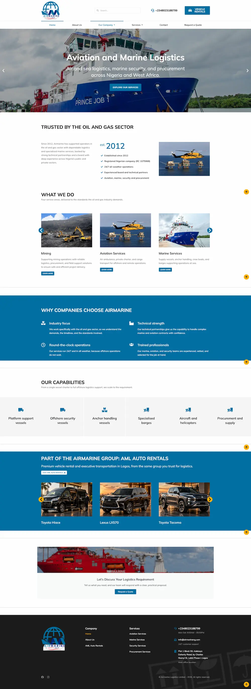 Full-page preview of the Airmarine Logistics Limited website