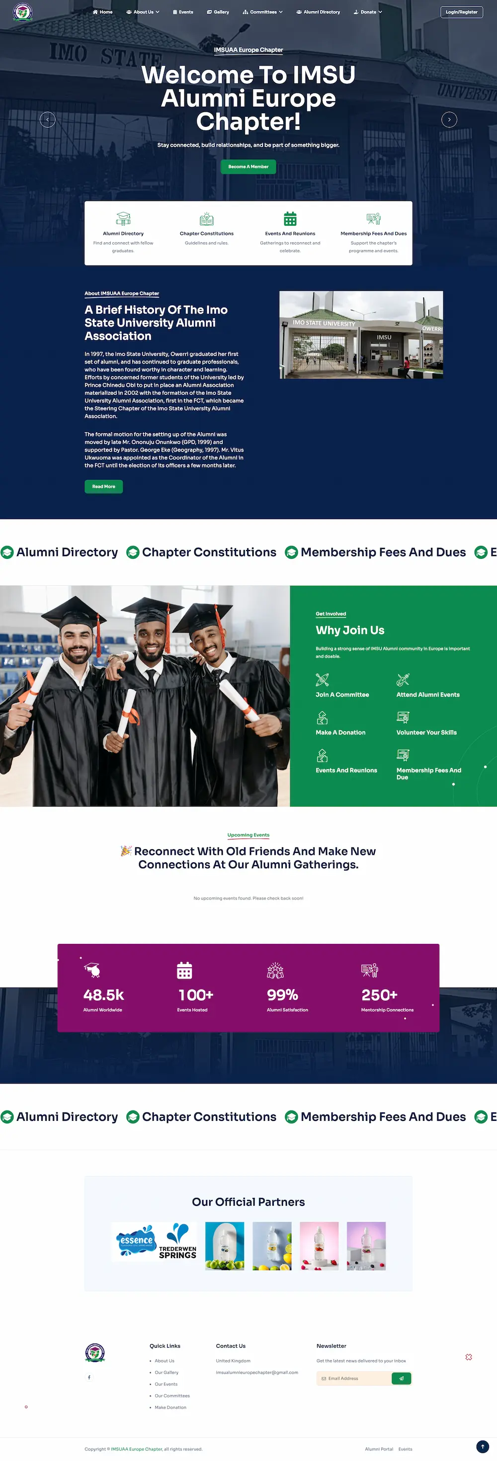 Full-page preview of the IMSU Alumni Europe Chapter website