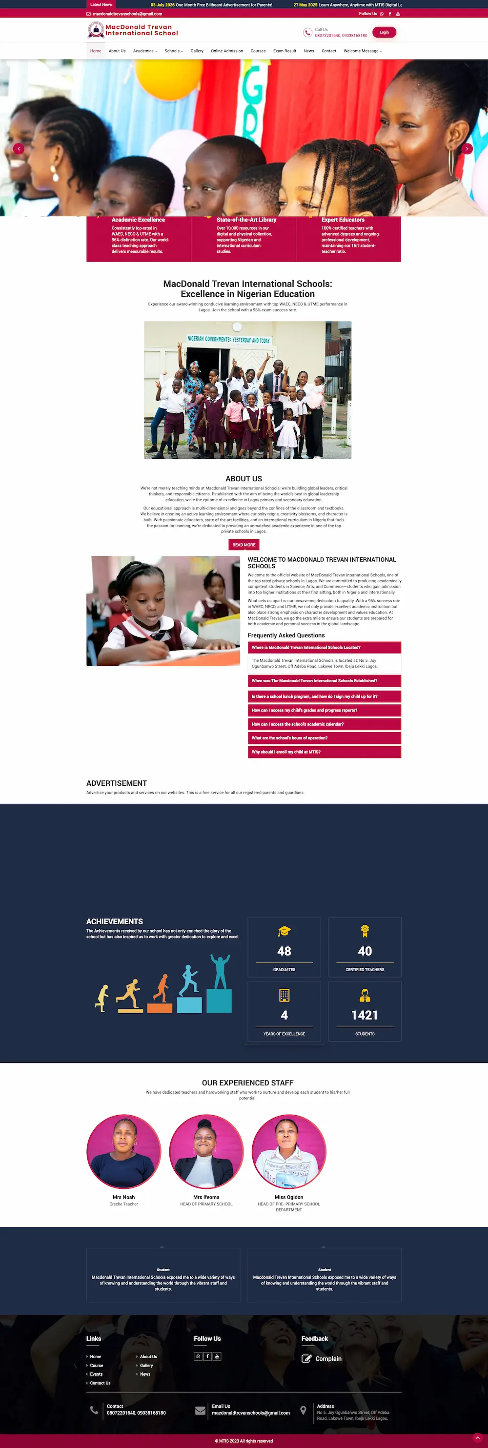 Full-page preview of the MTI Schools website